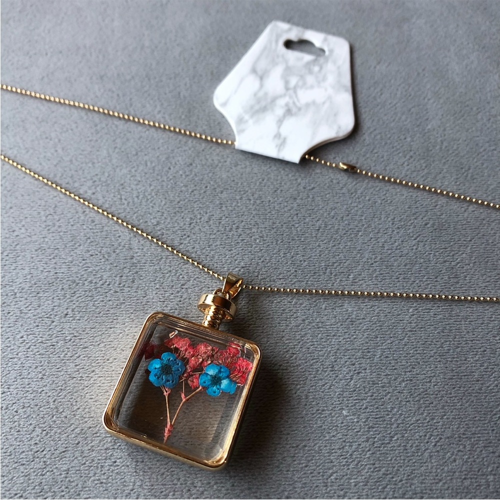 Floral Pendant ~ Blue and Red Flowers in Glass ~ Brand New!